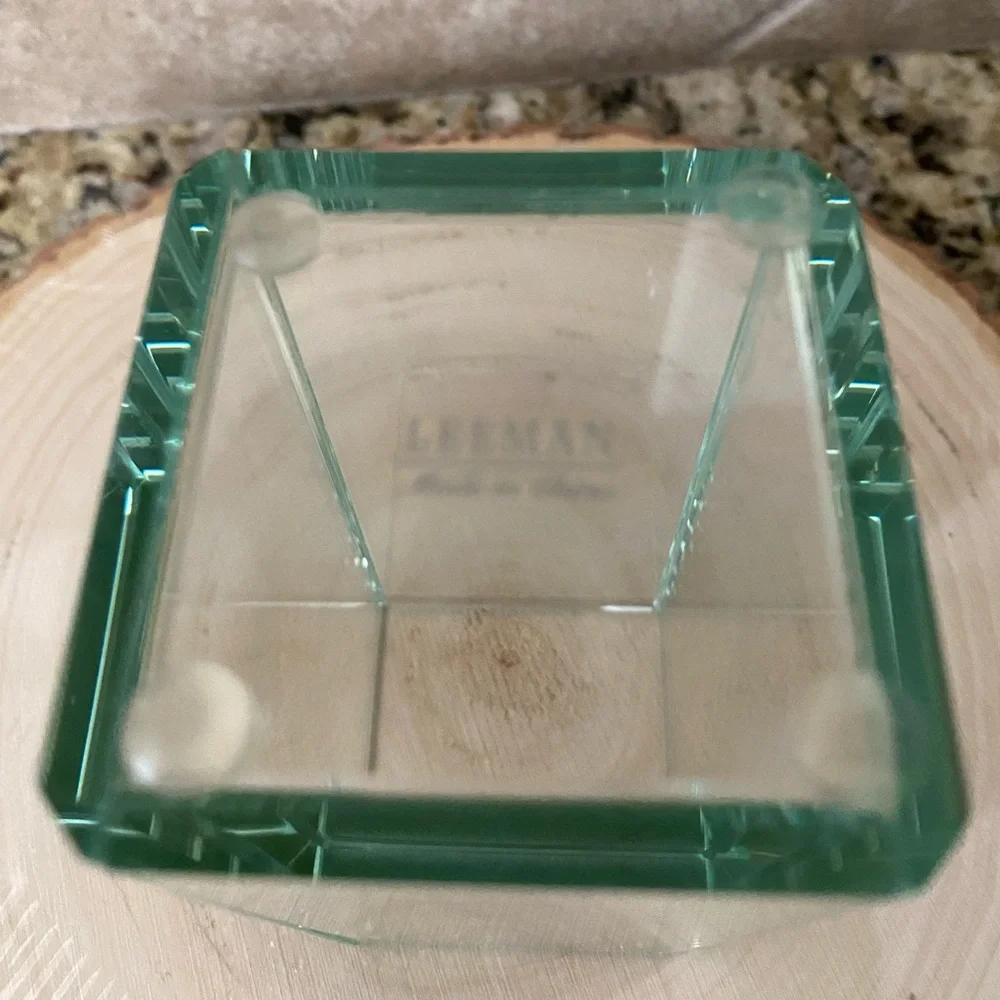 Leeman Atrium Green Glass Desktop Organizer Pen Pencil Holder Thick Beveled Cut